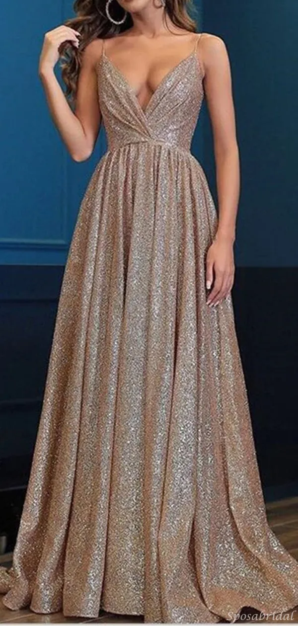 Charming Spaghetti Straps V-neck A-line Sparkly Modest Prom Dresses, PD0931