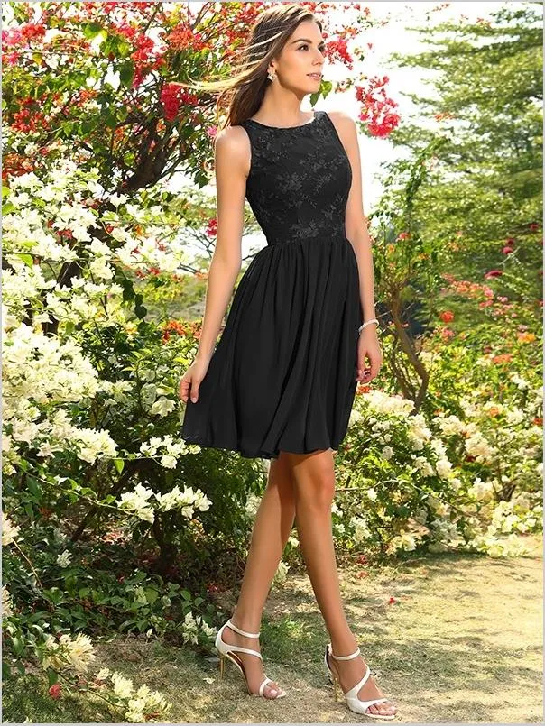 Chiffon Bateau Applique Short Pleated Bridesmaid Dresses