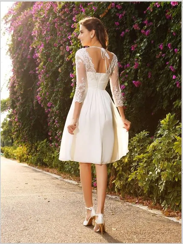 Chiffon Princess V-neck 3/4 Sleeves Short Wedding Dresses