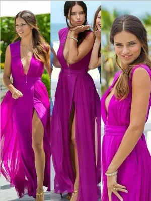 Chiffon Sleeveless V-neck Bridesmaid Dresses Floor Length With Split
