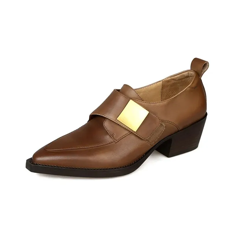 Chunky Heel Cow Leather Oxfords Buckle Pumps