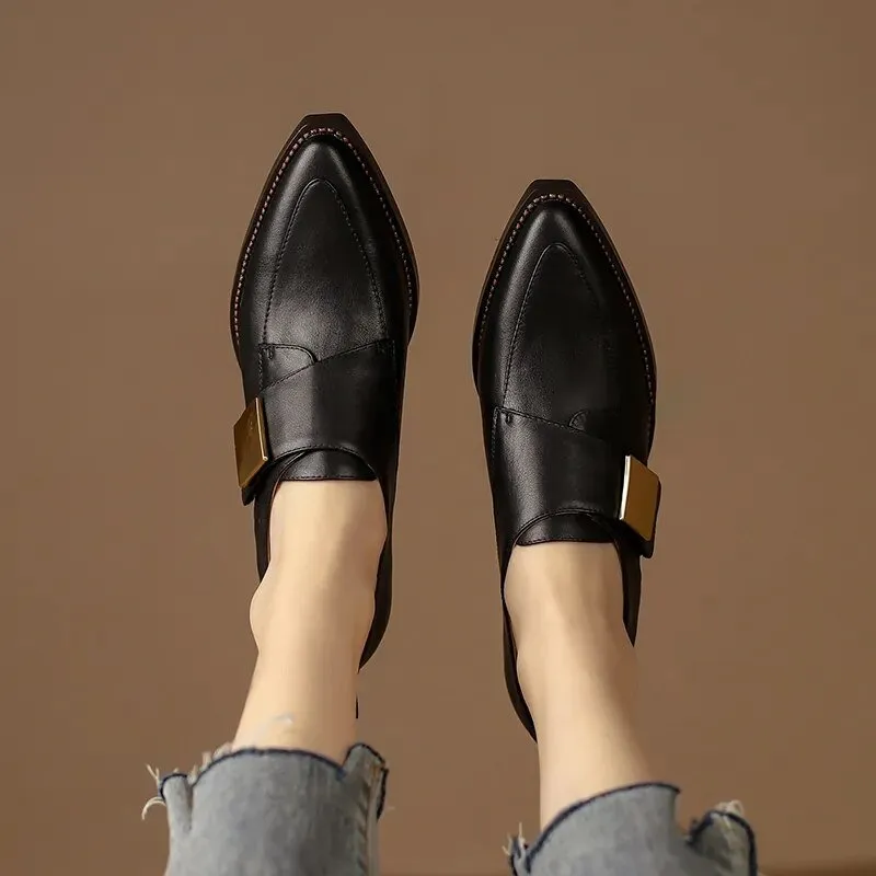 Chunky Heel Cow Leather Oxfords Buckle Pumps