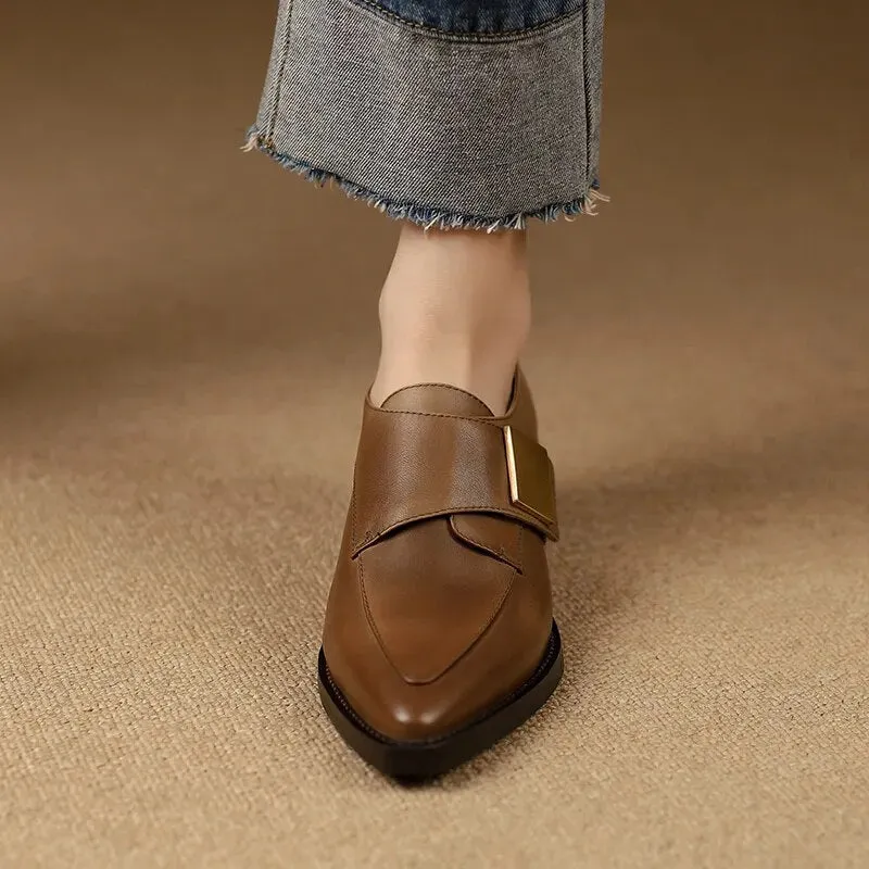 Chunky Heel Cow Leather Oxfords Buckle Pumps
