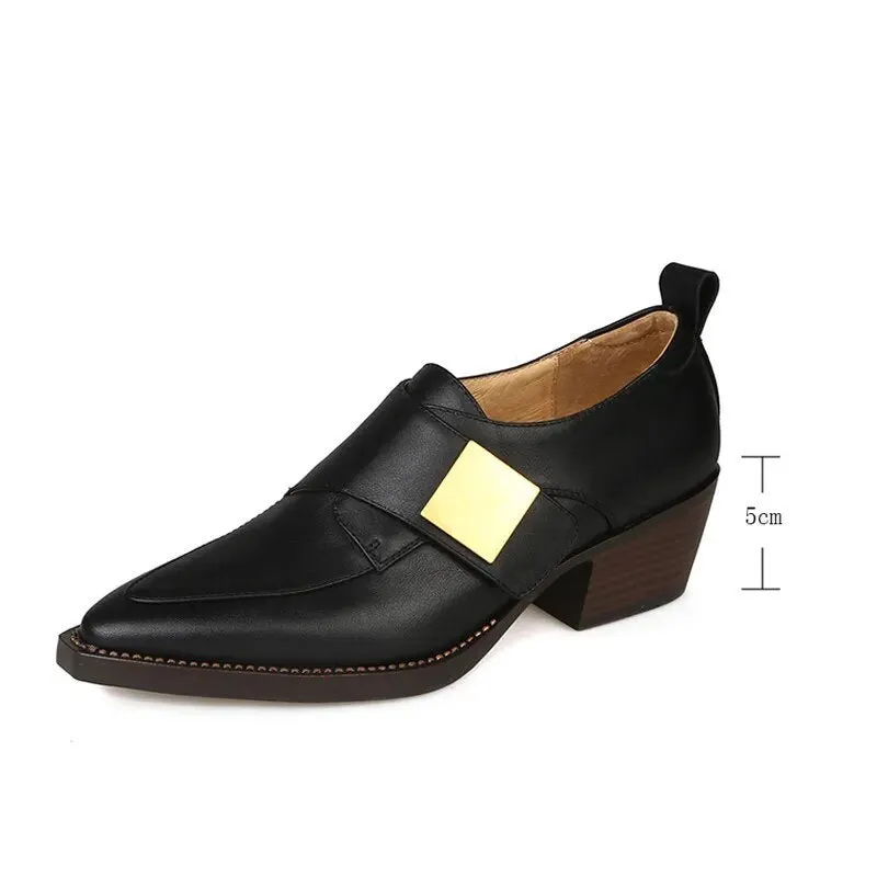 Chunky Heel Cow Leather Oxfords Buckle Pumps