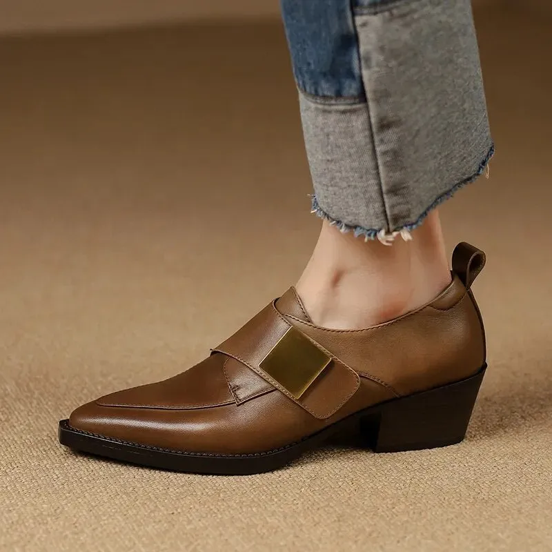Chunky Heel Cow Leather Oxfords Buckle Pumps