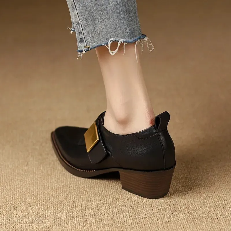 Chunky Heel Cow Leather Oxfords Buckle Pumps