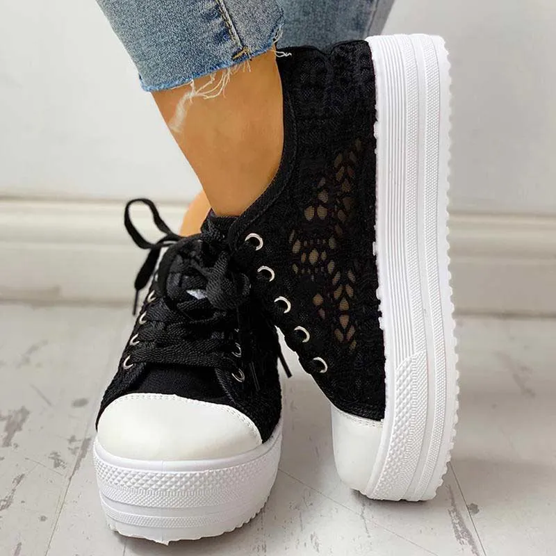 Colorblock Eyelet Hollow Out Lace-Up Sneakers