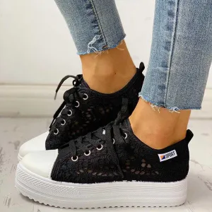 Colorblock Eyelet Hollow Out Lace-Up Sneakers