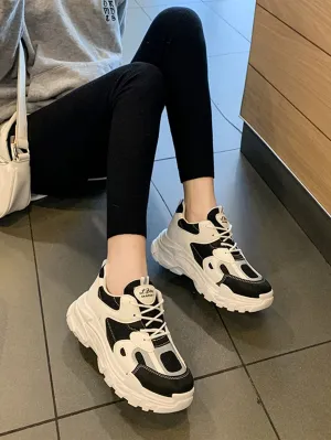 Colorblock Lace-up Front Chunky Sneakers - Black
