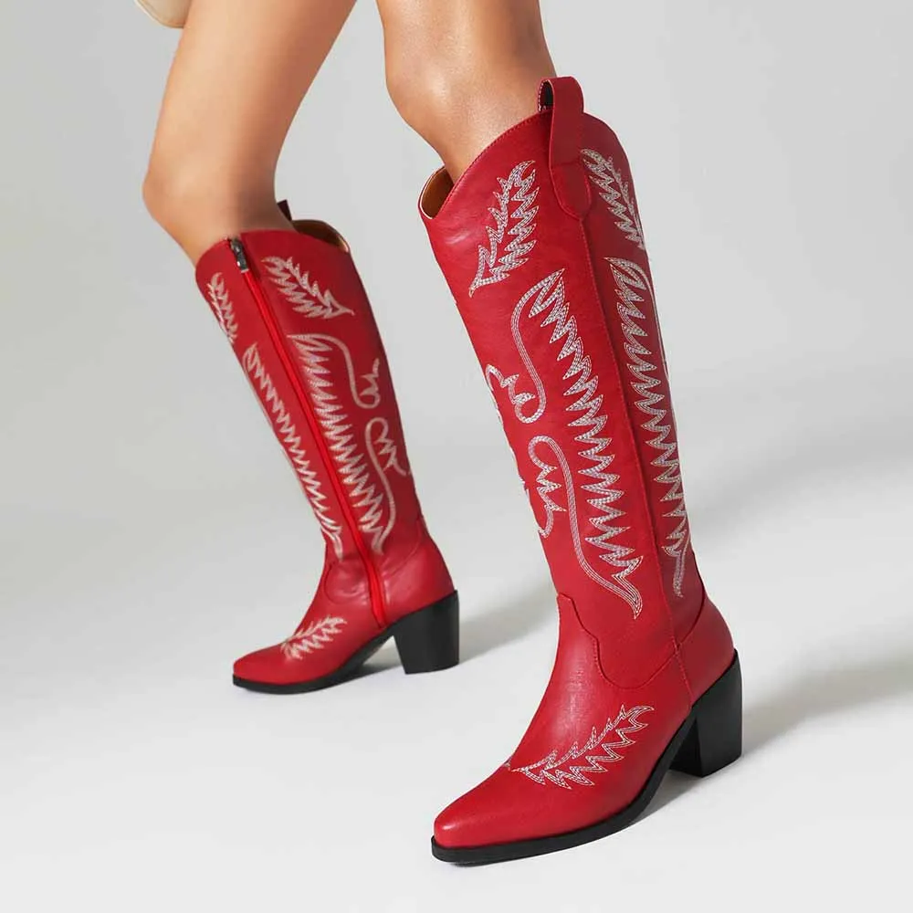Cowboy Boots for Women Low Heel Pull On Westerm Embroidery Cowgirl Boot for Ladies