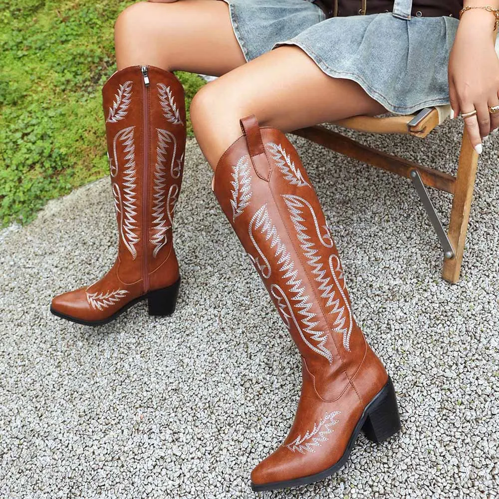 Cowboy Boots for Women Low Heel Pull On Westerm Embroidery Cowgirl Boot for Ladies