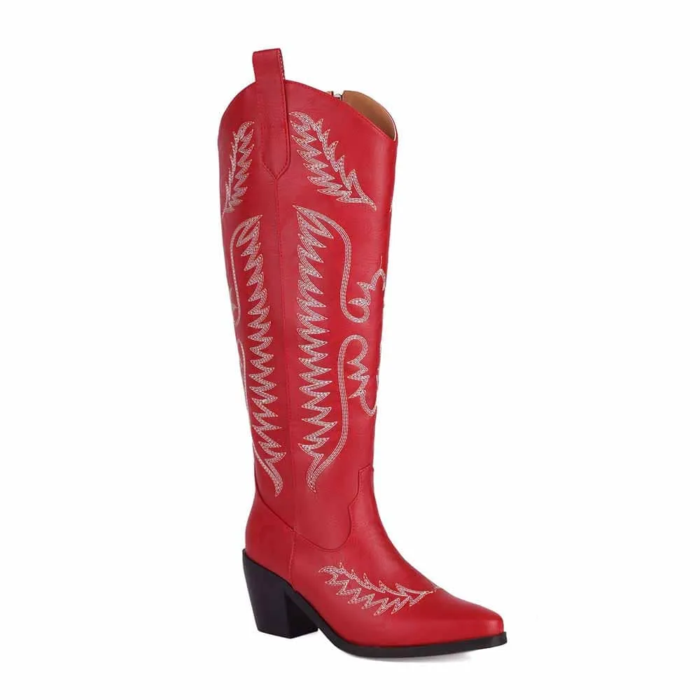 Cowboy Boots for Women Low Heel Pull On Westerm Embroidery Cowgirl Boot for Ladies