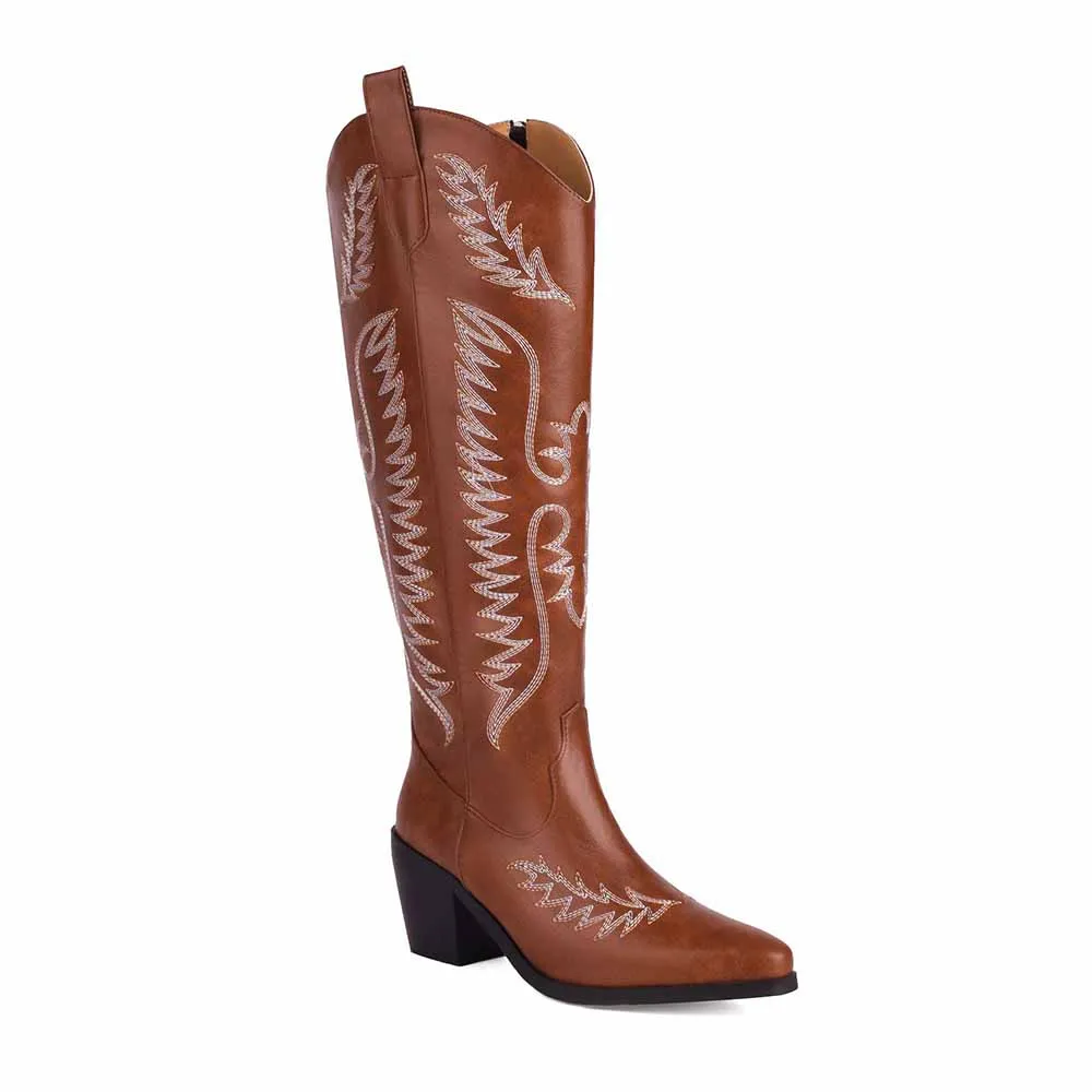 Cowboy Boots for Women Low Heel Pull On Westerm Embroidery Cowgirl Boot for Ladies