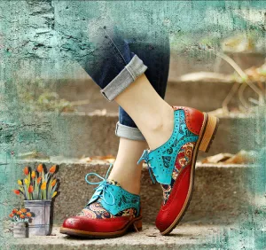 CrazycatZ Women's Leather Oxford Shoes Perforated Lace up Wingtip Colorful Leather Oxfords Vintage