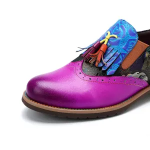 CrazycatZ Women's Leather Oxford Shoes Perforated Wingtip Colorful Leather Oxfords Vintage