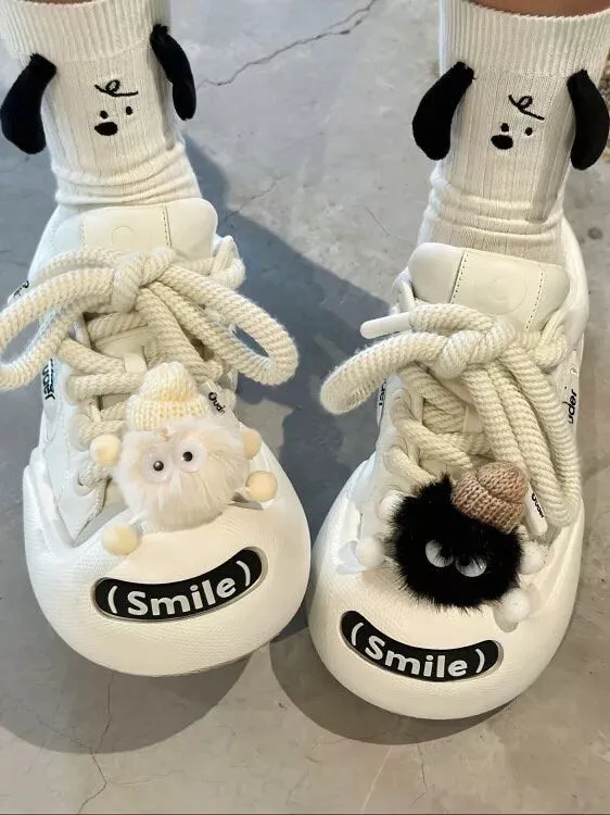creamtopmall Casual Black & White Canvas Sneakers, Cute Round Head Unisex Shoes, Thick Shoe Lace with Charms Sneakers for Men and Women, Everyday Flats