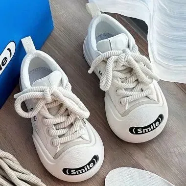 creamtopmall Casual Black & White Canvas Sneakers, Cute Round Head Unisex Shoes, Thick Shoe Lace with Charms Sneakers for Men and Women, Everyday Flats