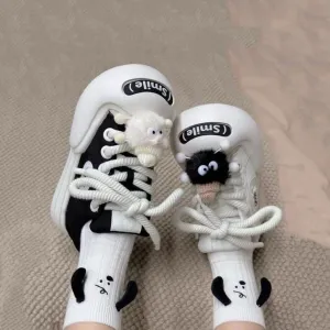 creamtopmall Casual Black & White Canvas Sneakers, Cute Round Head Unisex Shoes, Thick Shoe Lace with Charms Sneakers for Men and Women, Everyday Flats