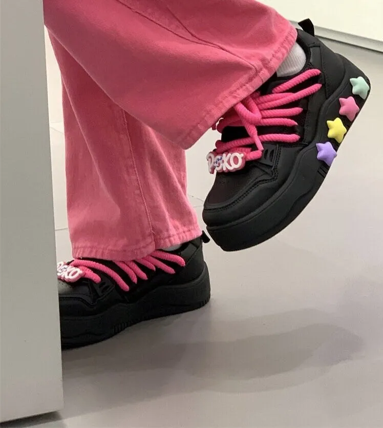 creamtopmall Stylish Black Pink Low Flats, Women’s Thick Lace Sneakers, Round Head Lace Up Shoes, Cute Platform Running Shoes, Athletic Skater Girl Shoes