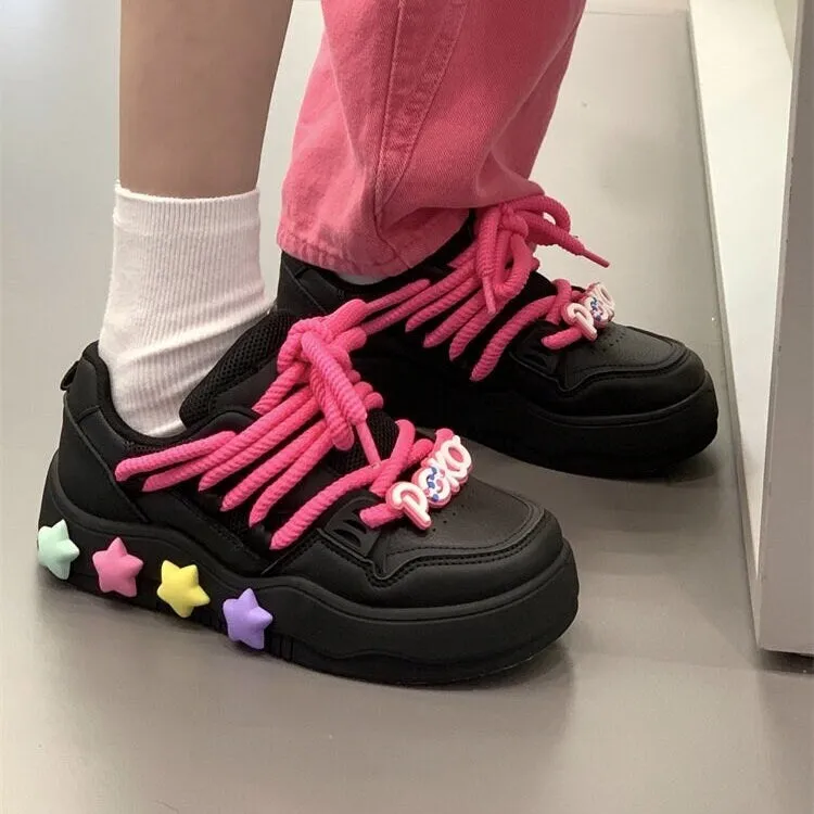 creamtopmall Stylish Black Pink Low Flats, Women’s Thick Lace Sneakers, Round Head Lace Up Shoes, Cute Platform Running Shoes, Athletic Skater Girl Shoes
