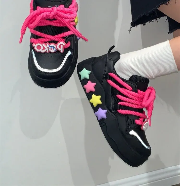 creamtopmall Stylish Black Pink Low Flats, Women’s Thick Lace Sneakers, Round Head Lace Up Shoes, Cute Platform Running Shoes, Athletic Skater Girl Shoes