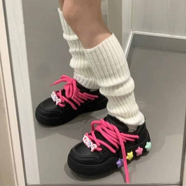 creamtopmall Stylish Black Pink Low Flats, Women’s Thick Lace Sneakers, Round Head Lace Up Shoes, Cute Platform Running Shoes, Athletic Skater Girl Shoes