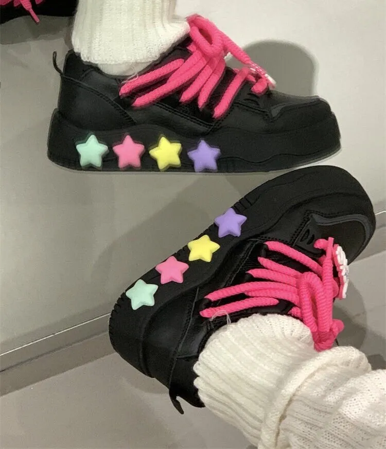 creamtopmall Stylish Black Pink Low Flats, Women’s Thick Lace Sneakers, Round Head Lace Up Shoes, Cute Platform Running Shoes, Athletic Skater Girl Shoes