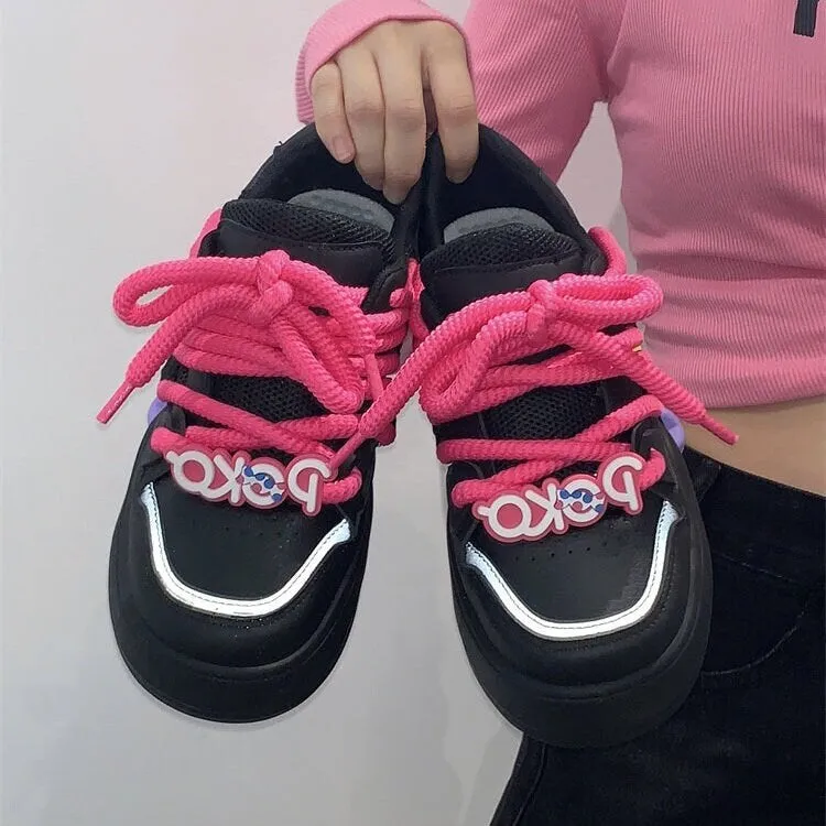 creamtopmall Stylish Black Pink Low Flats, Women’s Thick Lace Sneakers, Round Head Lace Up Shoes, Cute Platform Running Shoes, Athletic Skater Girl Shoes