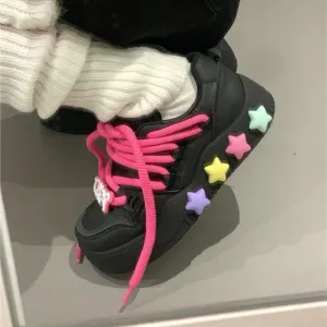 creamtopmall Stylish Black Pink Low Flats, Women’s Thick Lace Sneakers, Round Head Lace Up Shoes, Cute Platform Running Shoes, Athletic Skater Girl Shoes