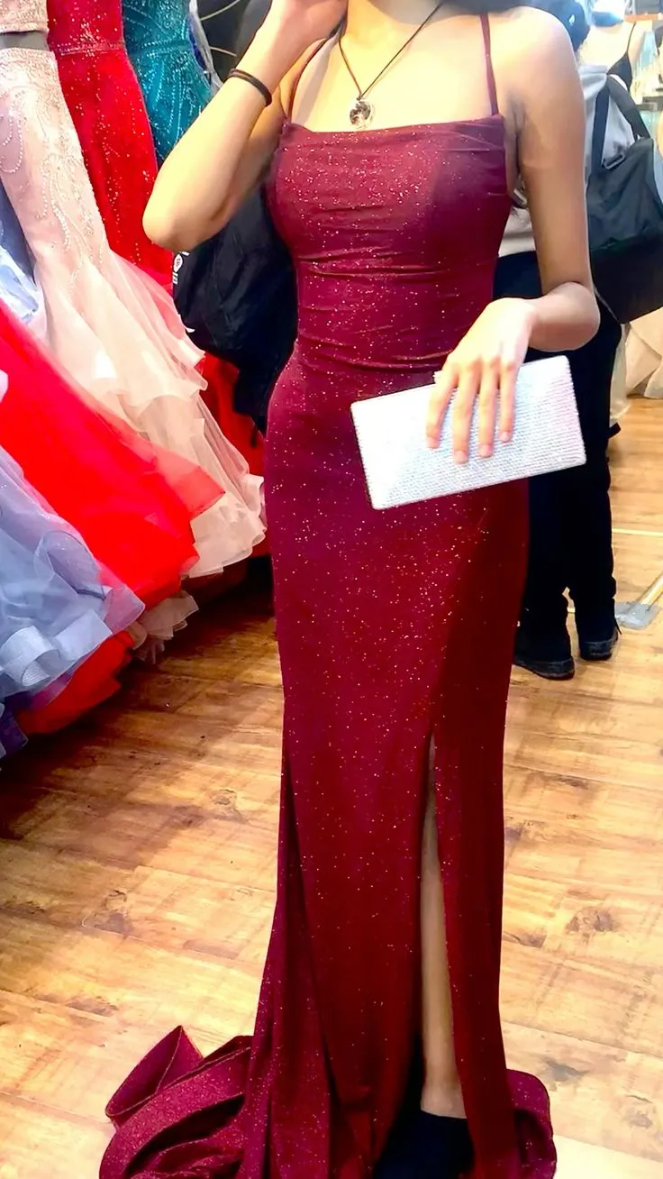 Dark red sparkly glitter prom dress long evening dress      fg4920