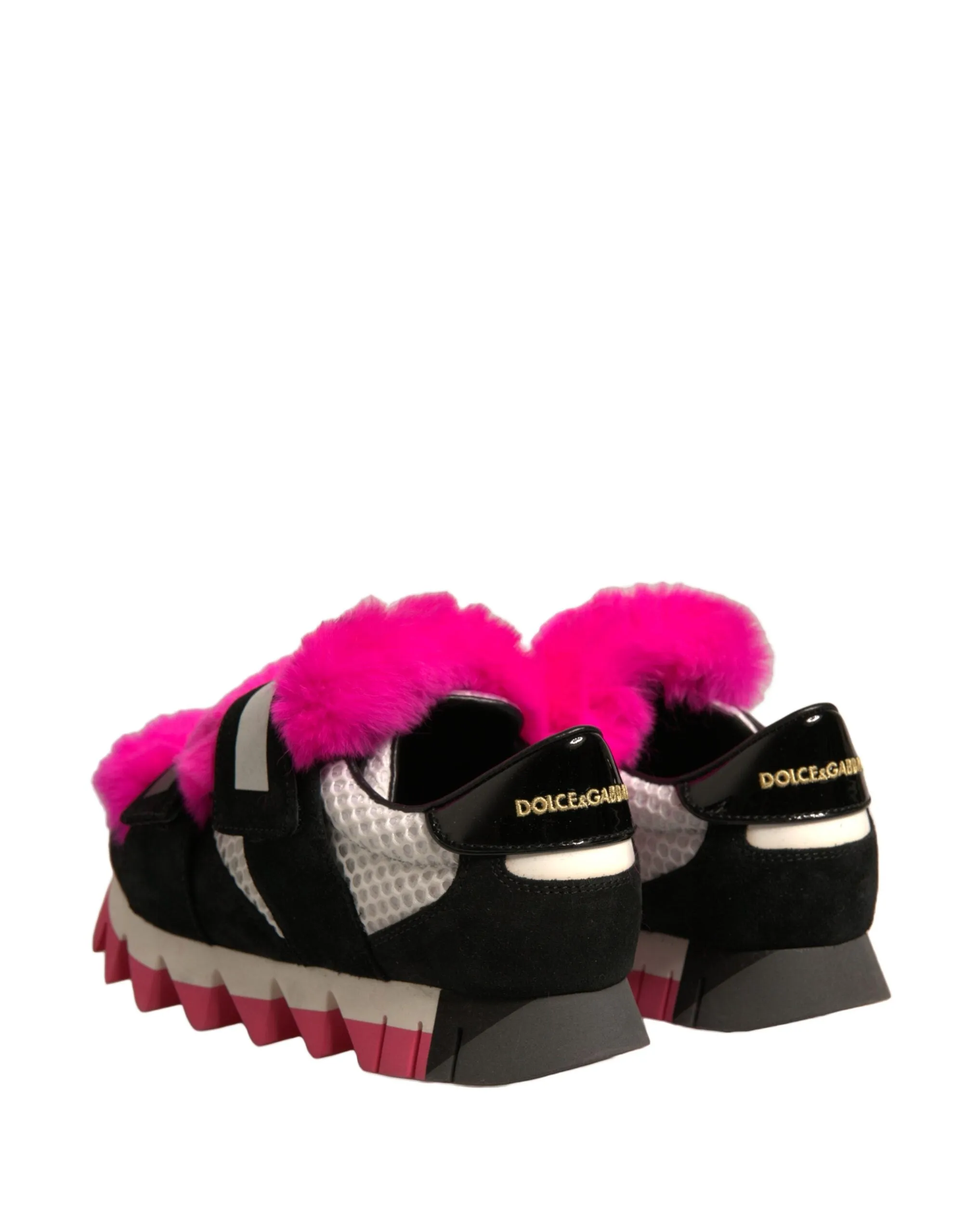 Dolce&Gabbana Women Pink Black Sneakers Leather Fur Embellished Trainer Shoes