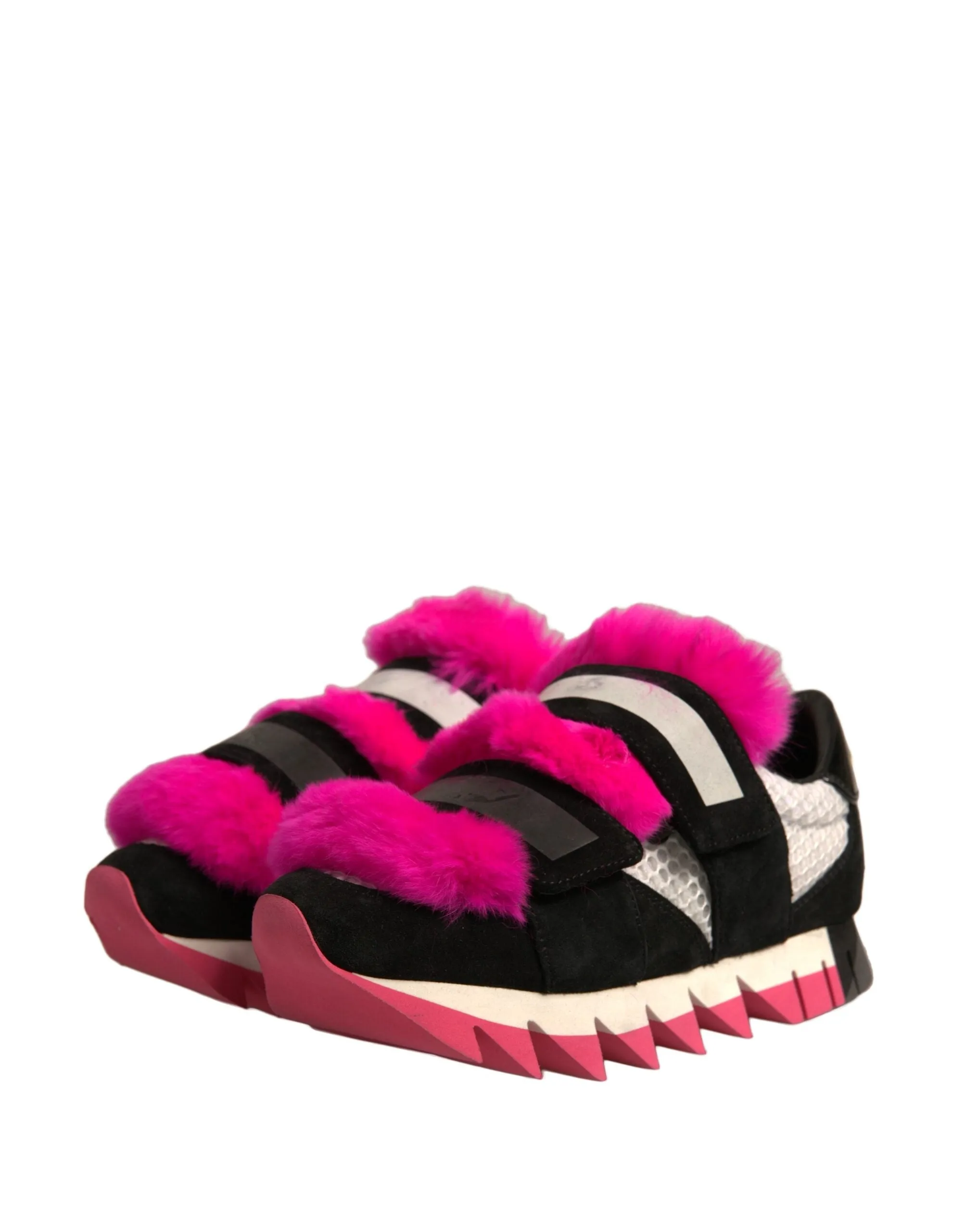 Dolce&Gabbana Women Pink Black Sneakers Leather Fur Embellished Trainer Shoes