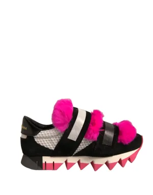 Dolce&Gabbana Women Pink Black Sneakers Leather Fur Embellished Trainer Shoes