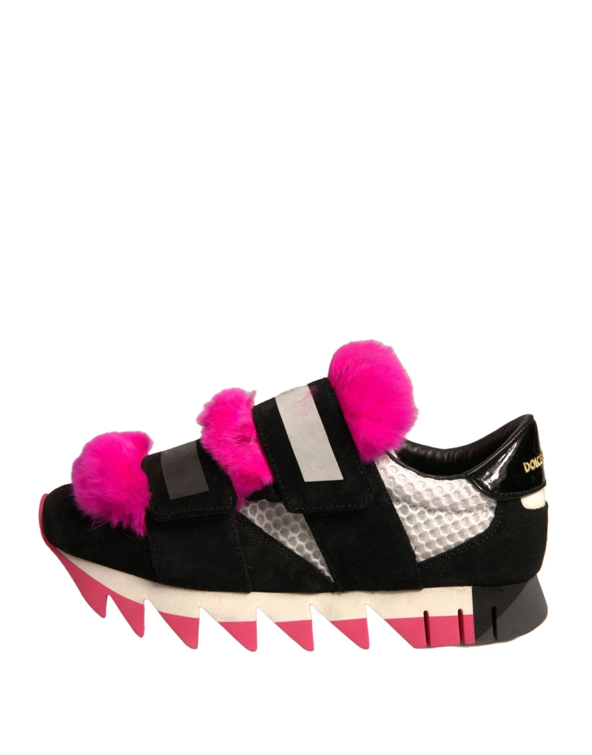 Dolce&Gabbana Women Pink Black Sneakers Leather Fur Embellished Trainer Shoes