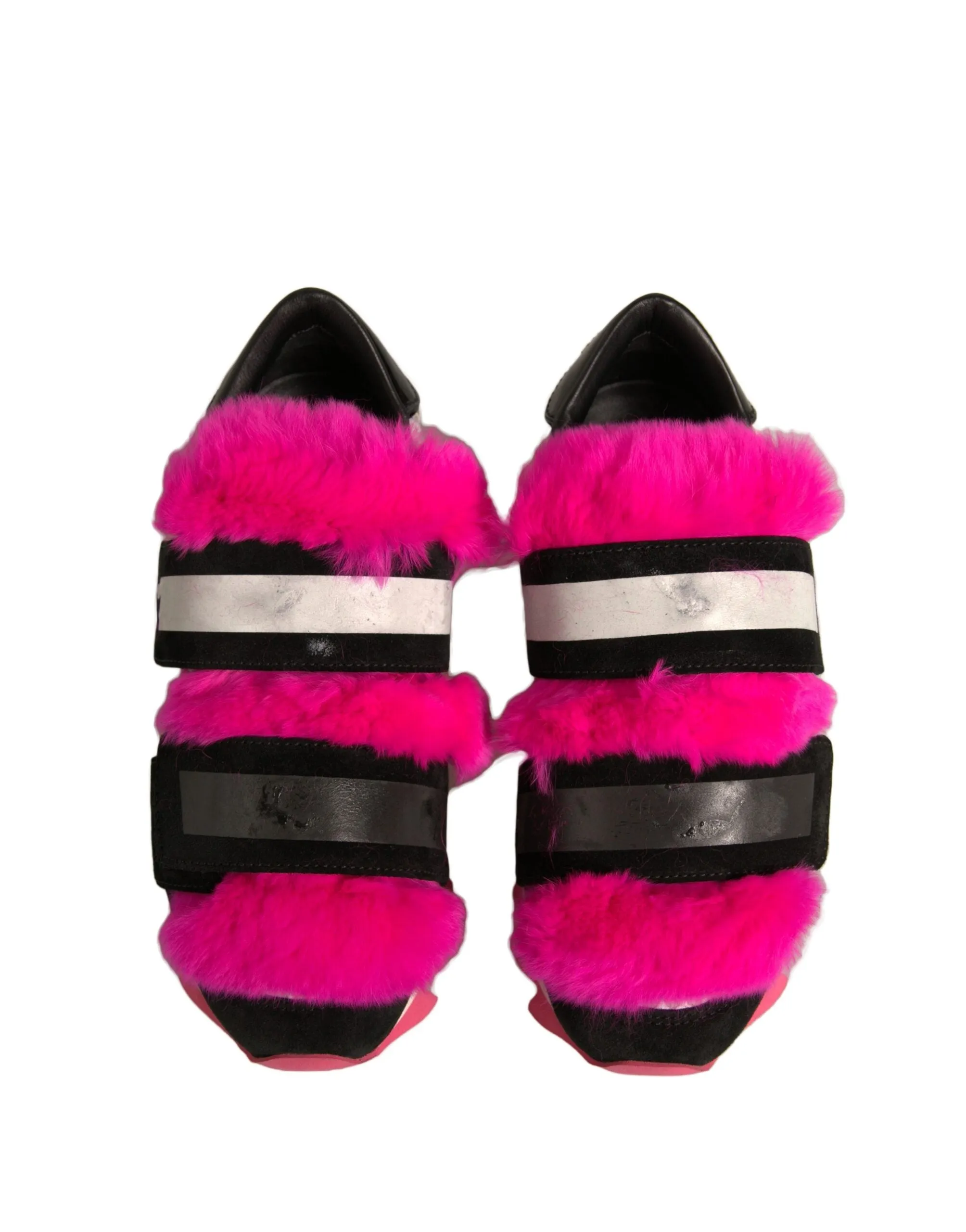 Dolce&Gabbana Women Pink Black Sneakers Leather Fur Embellished Trainer Shoes