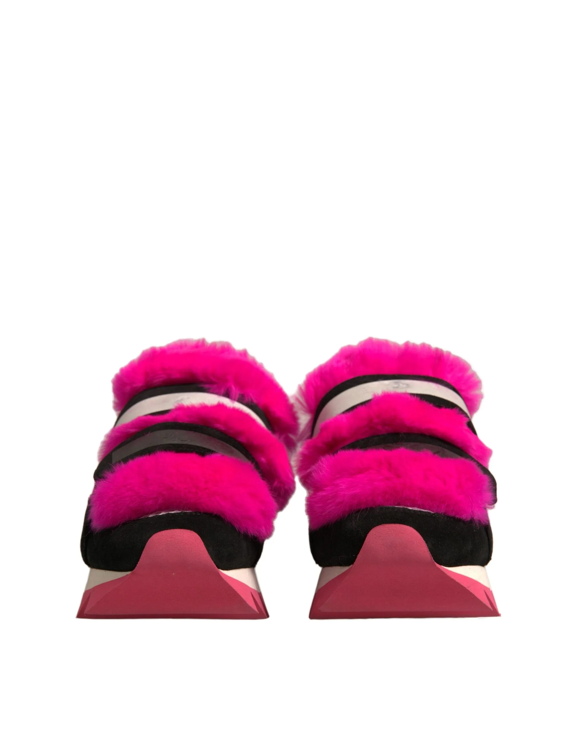 Dolce&Gabbana Women Pink Black Sneakers Leather Fur Embellished Trainer Shoes