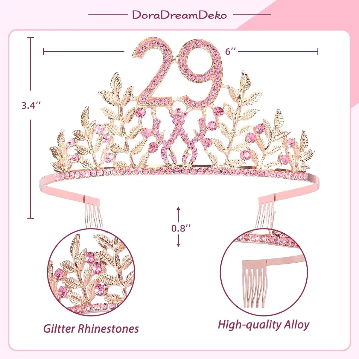 DORADREAMDEKO 29th Birthday Sash and Tiara for Women - Lovely Set: Glitter Sash   Leaf Rhinestone Pink Premium Metal Tiara for Women Gift for 29th Birthday Party