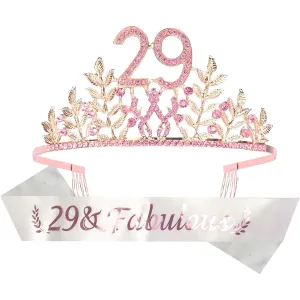 DORADREAMDEKO 29th Birthday Sash and Tiara for Women - Lovely Set: Glitter Sash   Leaf Rhinestone Pink Premium Metal Tiara for Women Gift for 29th Birthday Party