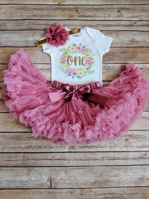 Dusty Rose And Gold First Birthday Outfit Floral Wreath