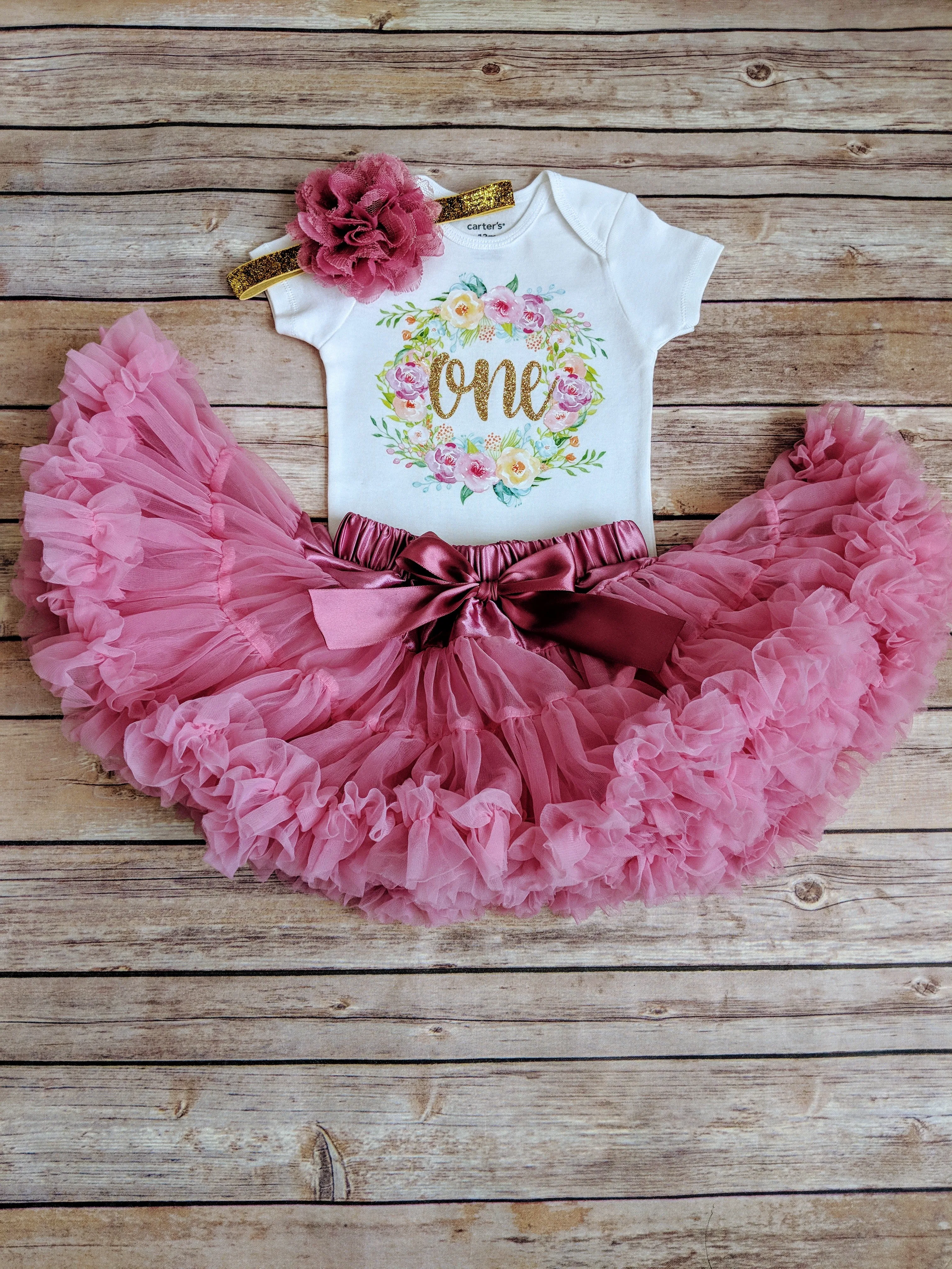 Dusty Rose And Gold First Birthday Outfit Floral Wreath