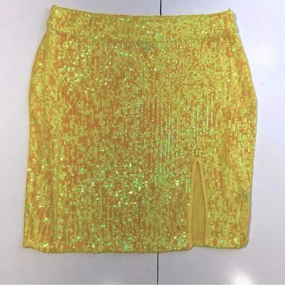 EastnWest Label 100% Nylon Yellow Poppy Mini Skirt 2.0 In Solid Sequins NWT L