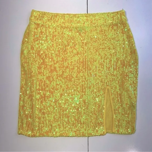 EastnWest Label 100% Nylon Yellow Poppy Mini Skirt 2.0 In Solid Sequins NWT L