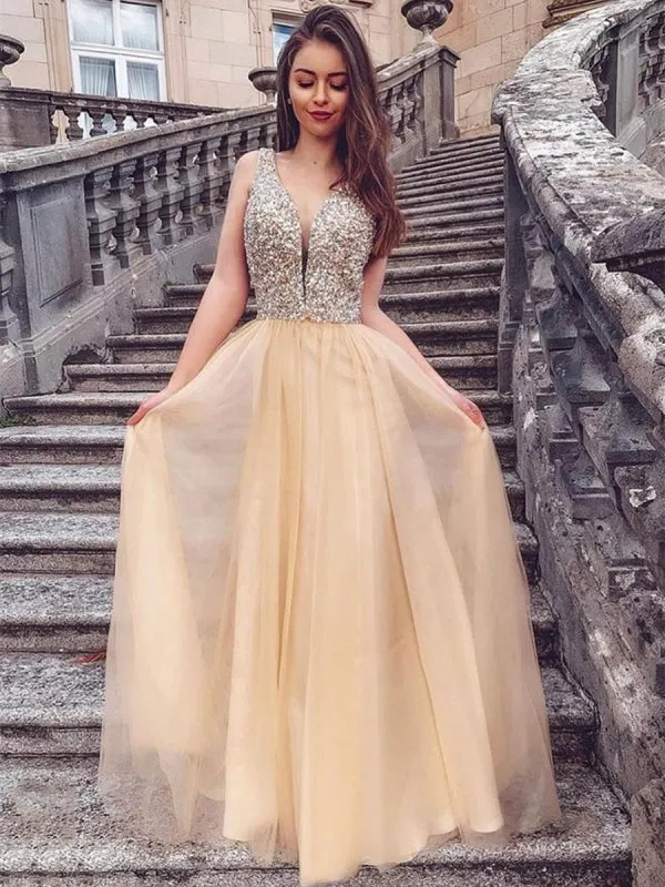 Elegant V Neck Sequins Long Chapagne Prom, Sparkly Champagne Formal Graduation Evening, Shiny Party