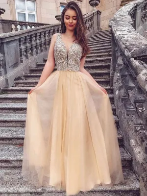Elegant V Neck Sequins Long Chapagne Prom, Sparkly Champagne Formal Graduation Evening, Shiny Party