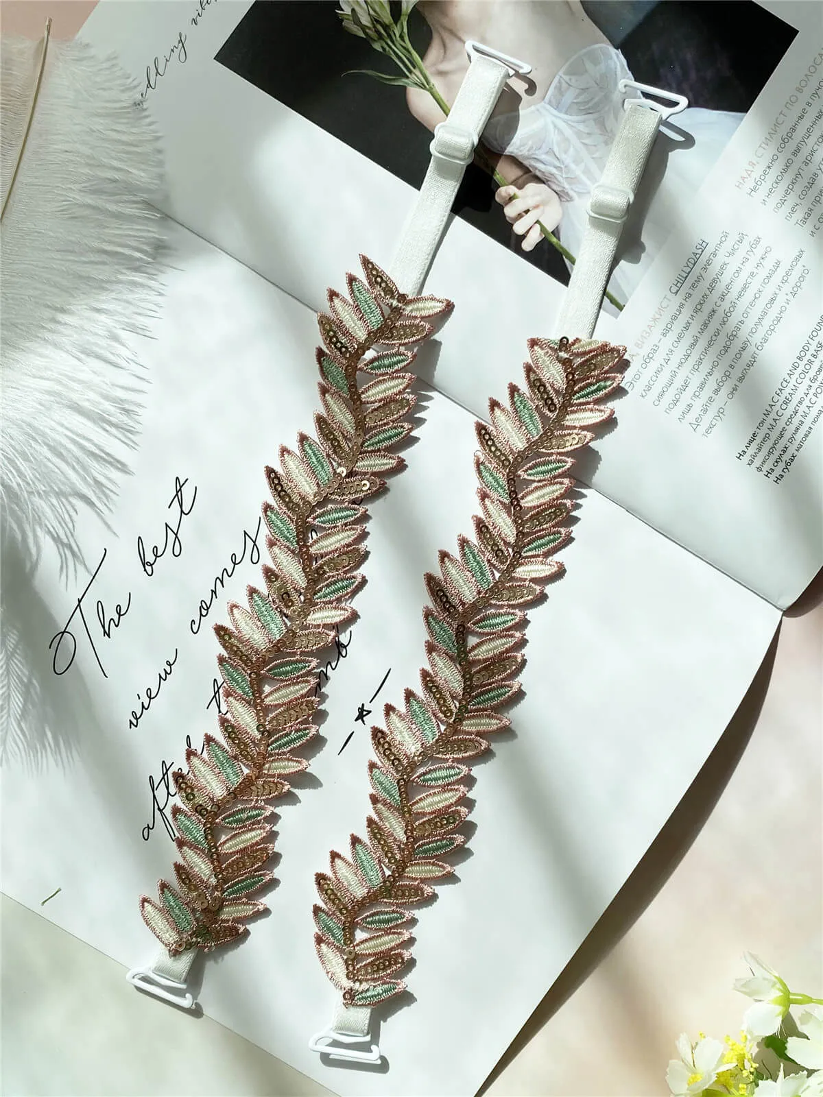 Embroidery Sequin Olive Leaf Bra Straps