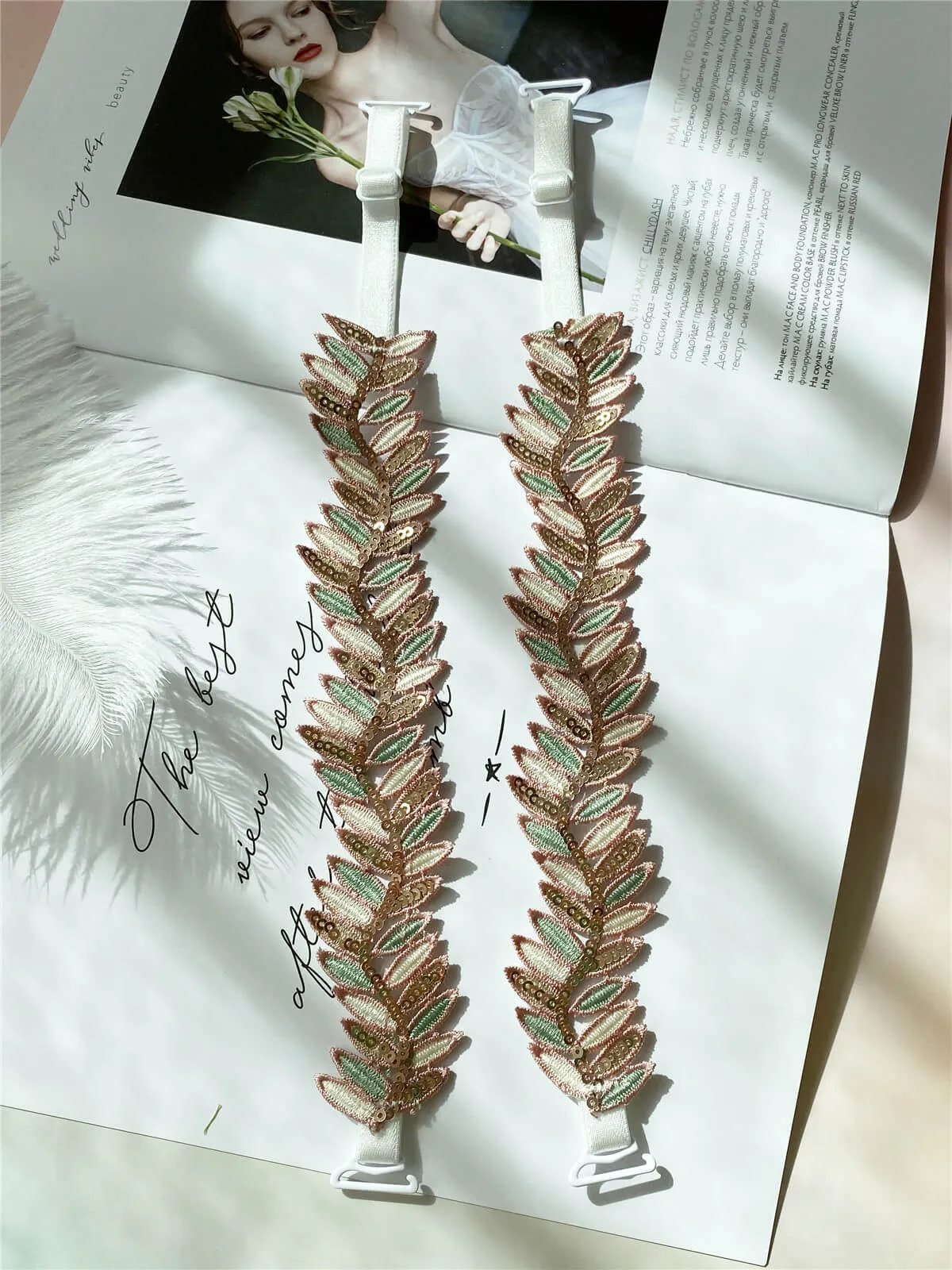 Embroidery Sequin Olive Leaf Bra Straps