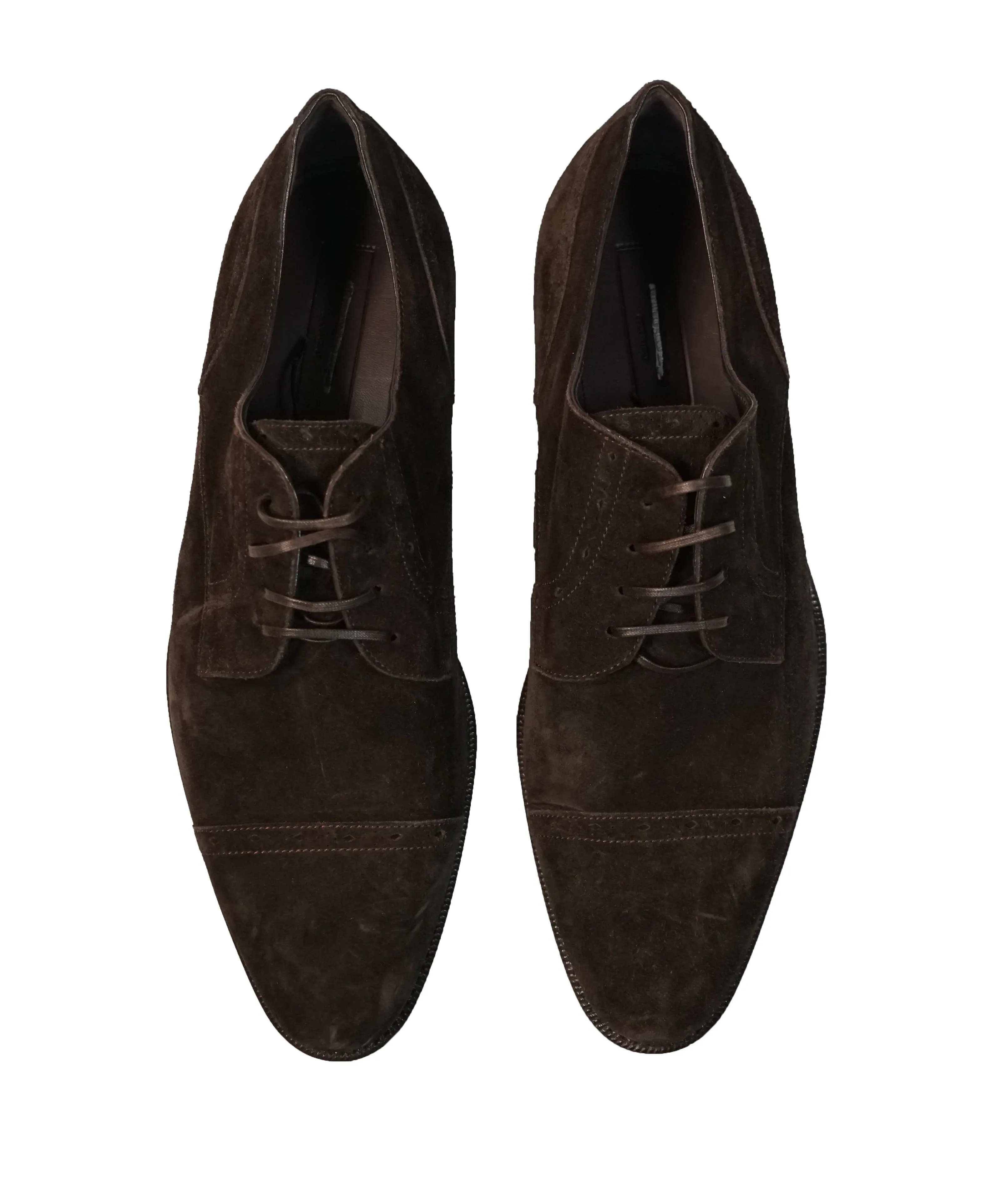 ERMENEGILDO ZEGNA - Brown Suede Round Toe Cap-Toe Oxfords - 12