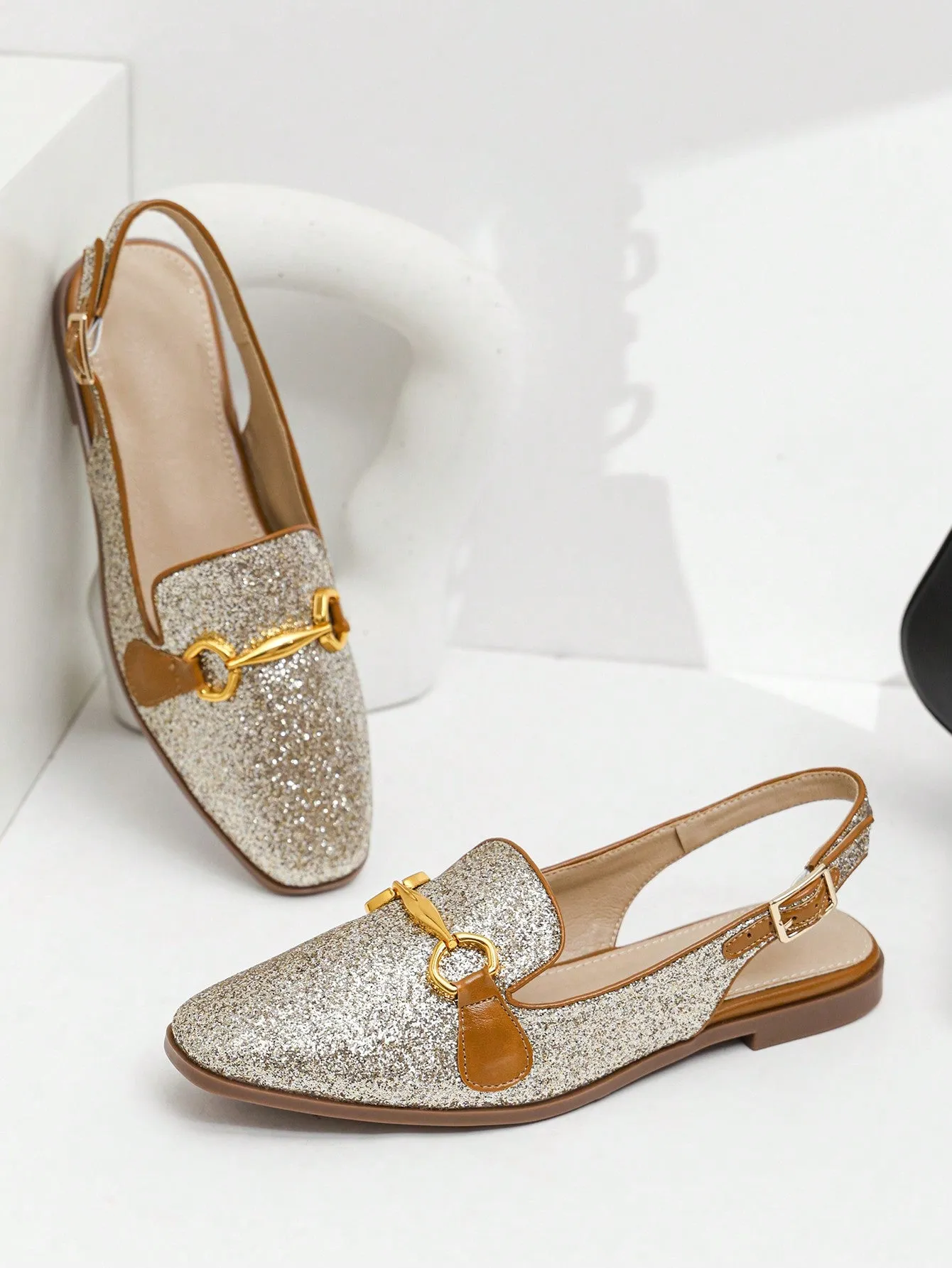 Fashion Apricot Flats For Women, Metal Decor Linen Slingback Flats