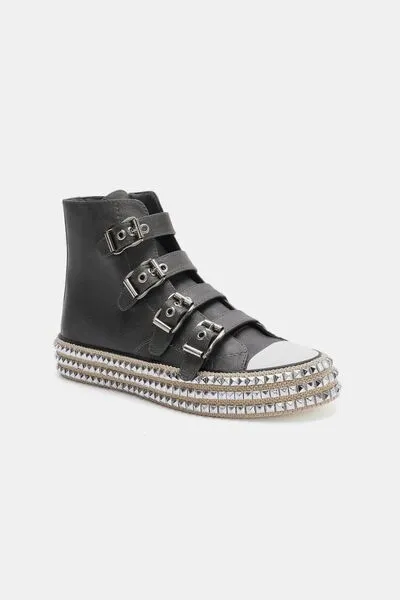Fashion Multi-Buckle Straps Studded Platform Sneakers