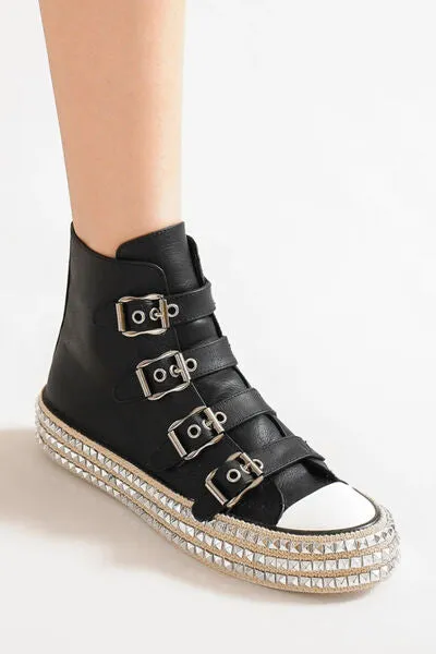 Fashion Multi-Buckle Straps Studded Platform Sneakers